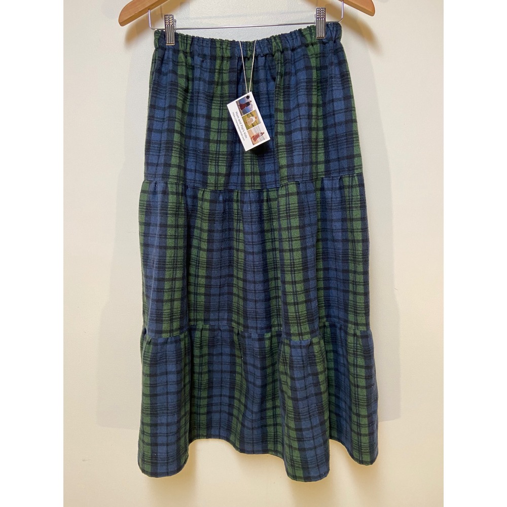 Women Flannel Mom and Pop's Kids Maxi Skirt Small Blue Green Plaid Upcycled